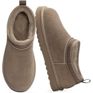 Women's Suede Mini Boots Fuzzy Snow Boots Short Ankle Boot Fur Lined Gary Brown
